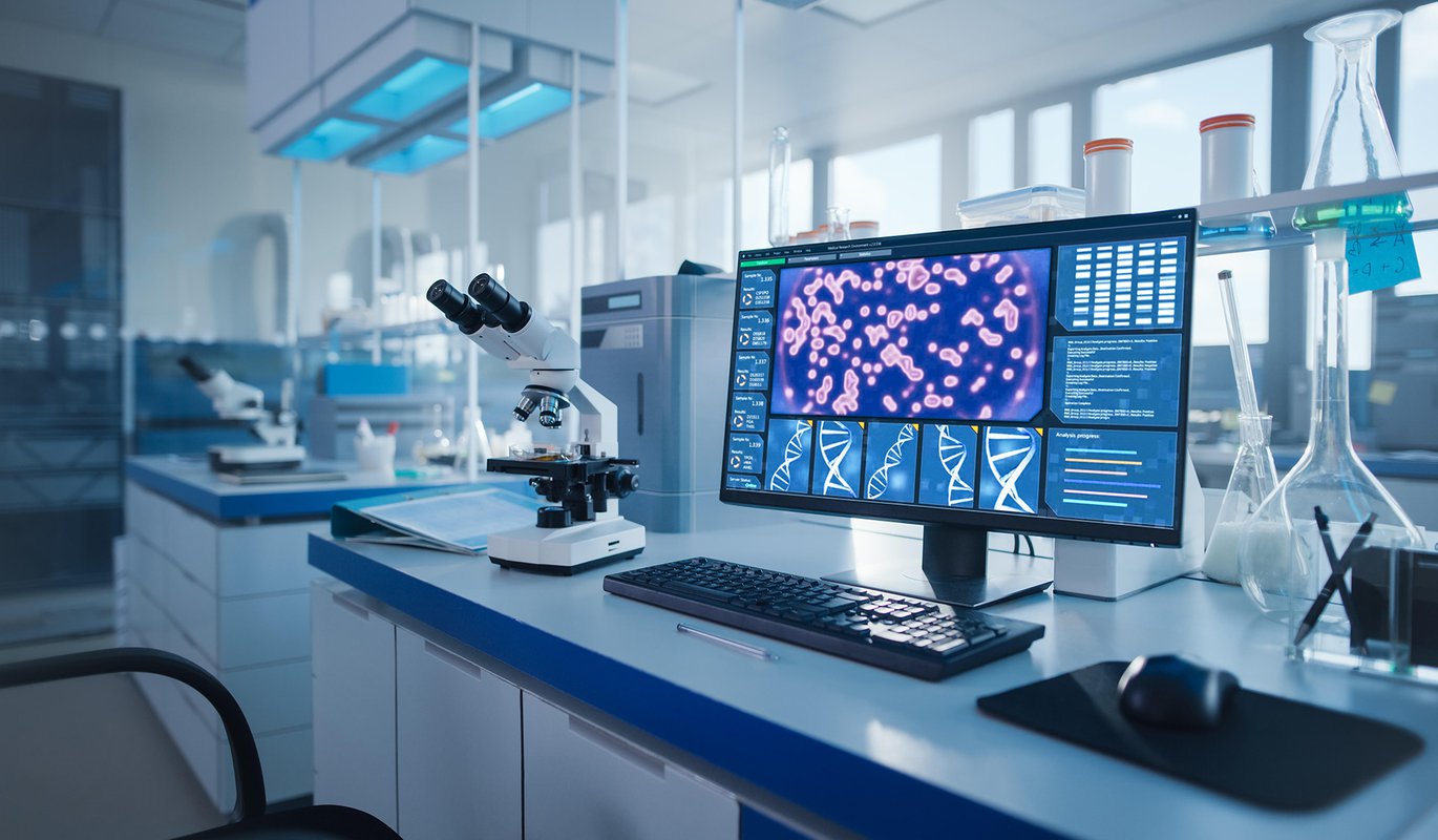 Laboratory bench with microscope and digital analysis display